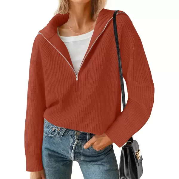 imageZESICA Womens V Neck Sweaters 2024 Fall Long Sleeve Half Zipper Ribbed Knit Casual Oversized Pullover TopsOrangered