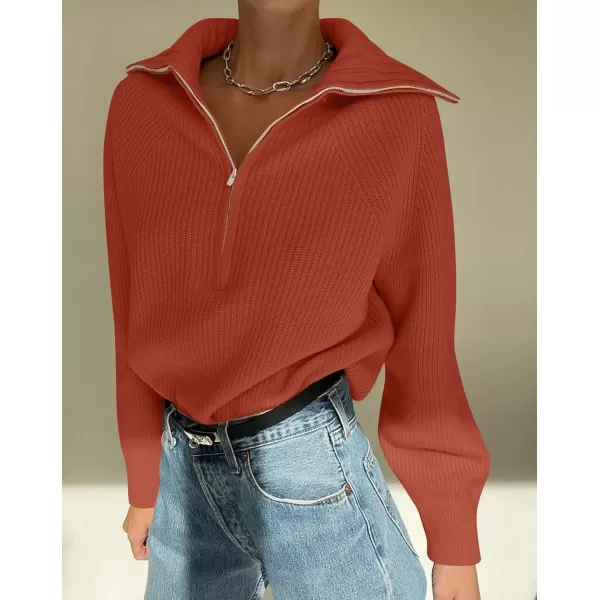 imageZESICA Womens V Neck Sweaters 2024 Fall Long Sleeve Half Zipper Ribbed Knit Casual Oversized Pullover TopsOrangered