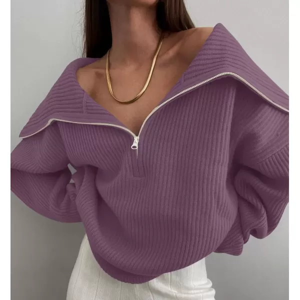 imageZESICA Womens V Neck Sweaters 2024 Fall Long Sleeve Half Zipper Ribbed Knit Casual Oversized Pullover TopsPurple