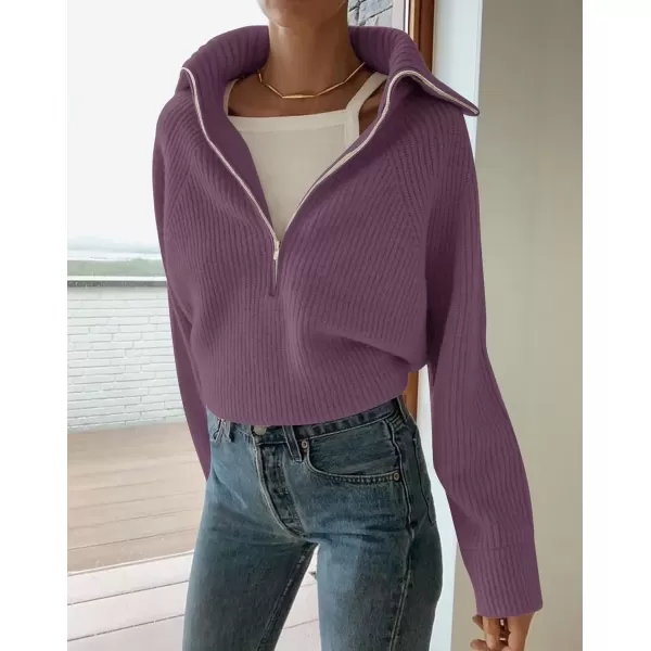 imageZESICA Womens V Neck Sweaters 2024 Fall Long Sleeve Half Zipper Ribbed Knit Casual Oversized Pullover TopsPurple
