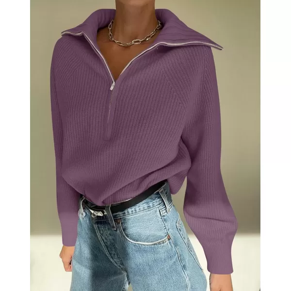 imageZESICA Womens V Neck Sweaters 2024 Fall Long Sleeve Half Zipper Ribbed Knit Casual Oversized Pullover TopsPurple