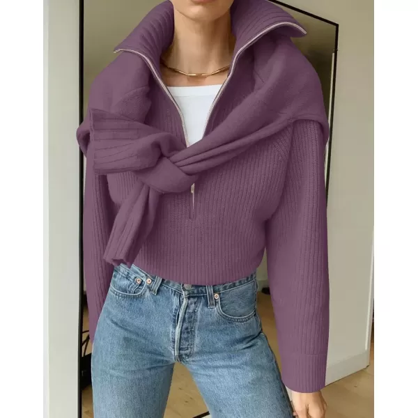 imageZESICA Womens V Neck Sweaters 2024 Fall Long Sleeve Half Zipper Ribbed Knit Casual Oversized Pullover TopsPurple