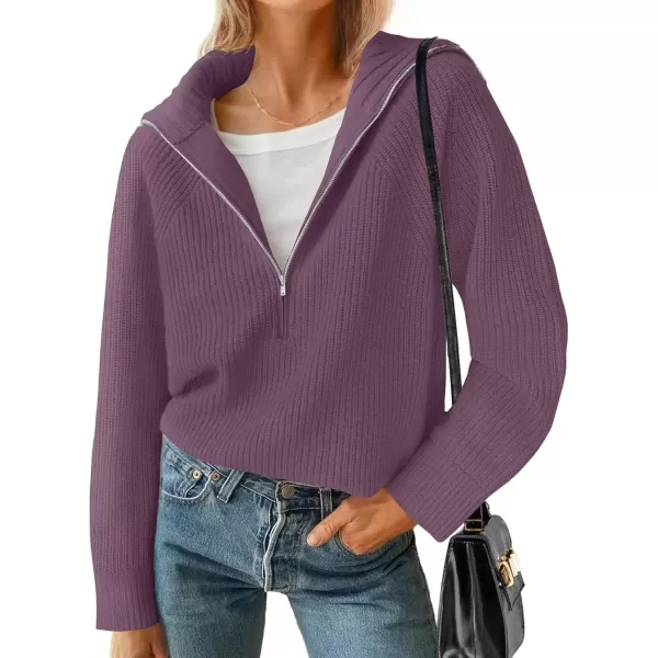 imageZESICA Womens V Neck Sweaters 2024 Fall Long Sleeve Half Zipper Ribbed Knit Casual Oversized Pullover TopsPurple