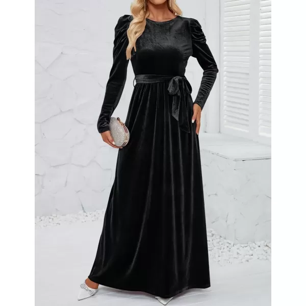 imageZESICA Womens Velvet Maxi Dress Long Puff Sleeve Crew Neck Elastic High Waist Cocktail Party Bridesmaid DressesBlack