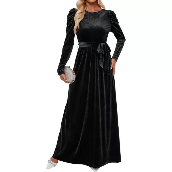 imageZESICA Womens Velvet Maxi Dress Long Puff Sleeve Crew Neck Elastic High Waist Cocktail Party Bridesmaid DressesBlack