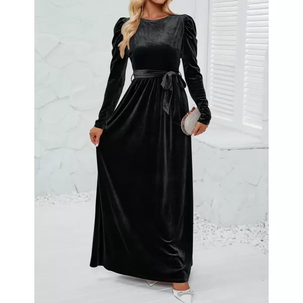 imageZESICA Womens Velvet Maxi Dress Long Puff Sleeve Crew Neck Elastic High Waist Cocktail Party Bridesmaid DressesBlack