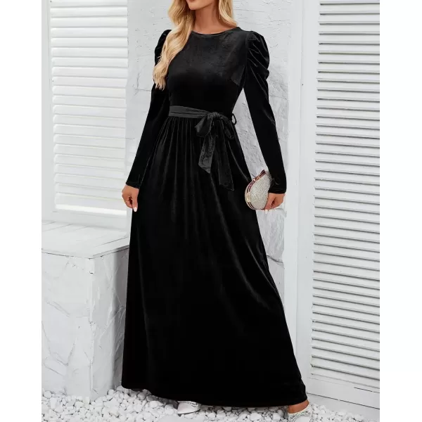 imageZESICA Womens Velvet Maxi Dress Long Puff Sleeve Crew Neck Elastic High Waist Cocktail Party Bridesmaid DressesBlack