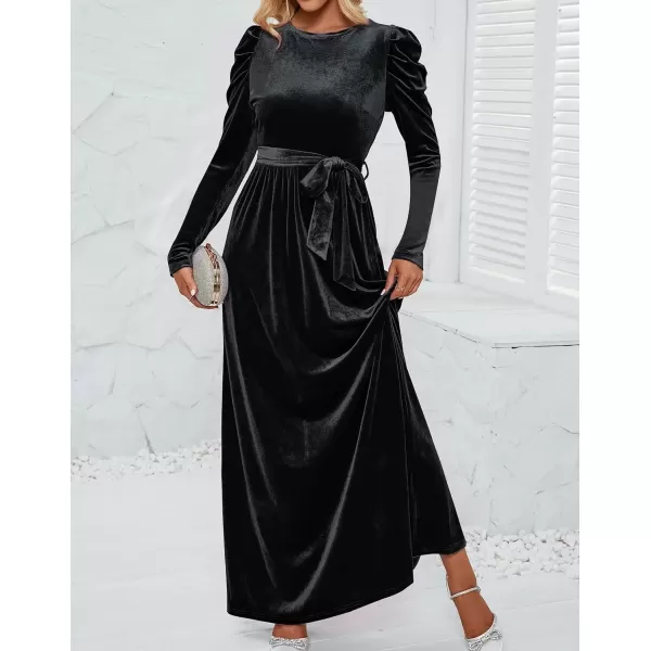 imageZESICA Womens Velvet Maxi Dress Long Puff Sleeve Crew Neck Elastic High Waist Cocktail Party Bridesmaid DressesBlack