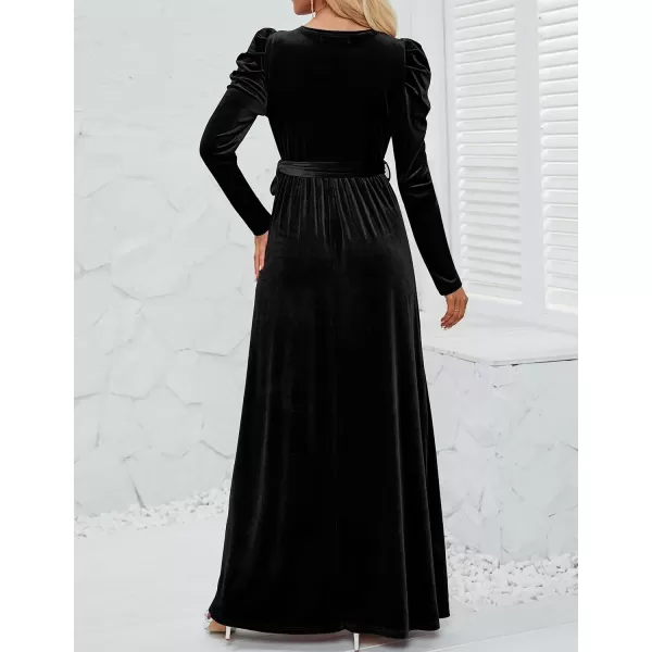 imageZESICA Womens Velvet Maxi Dress Long Puff Sleeve Crew Neck Elastic High Waist Cocktail Party Bridesmaid DressesBlack