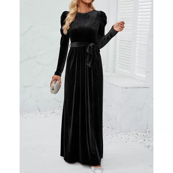 imageZESICA Womens Velvet Maxi Dress Long Puff Sleeve Crew Neck Elastic High Waist Cocktail Party Bridesmaid DressesBlack
