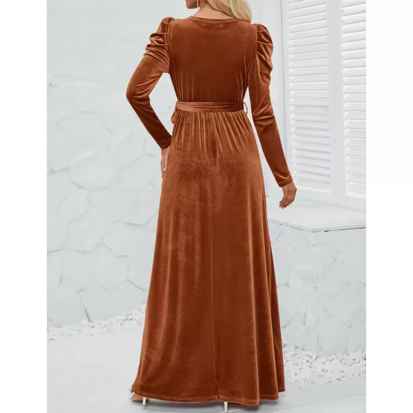 imageZESICA Womens Velvet Maxi Dress Long Puff Sleeve Crew Neck Elastic High Waist Cocktail Party Bridesmaid DressesCaramel