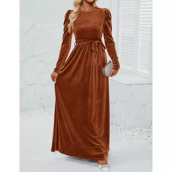 imageZESICA Womens Velvet Maxi Dress Long Puff Sleeve Crew Neck Elastic High Waist Cocktail Party Bridesmaid DressesCaramel