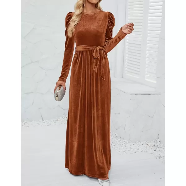 imageZESICA Womens Velvet Maxi Dress Long Puff Sleeve Crew Neck Elastic High Waist Cocktail Party Bridesmaid DressesCaramel