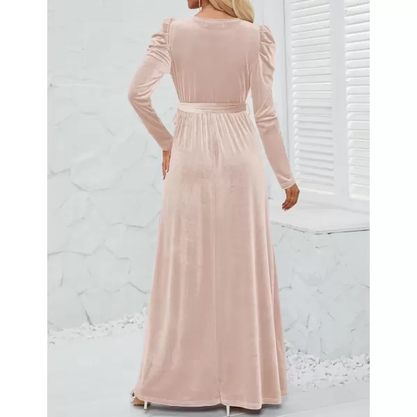 imageZESICA Womens Velvet Maxi Dress Long Puff Sleeve Crew Neck Elastic High Waist Cocktail Party Bridesmaid DressesChampagne