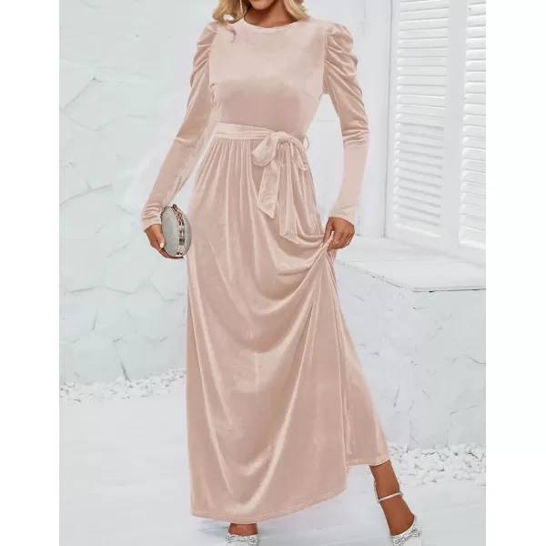 imageZESICA Womens Velvet Maxi Dress Long Puff Sleeve Crew Neck Elastic High Waist Cocktail Party Bridesmaid DressesChampagne