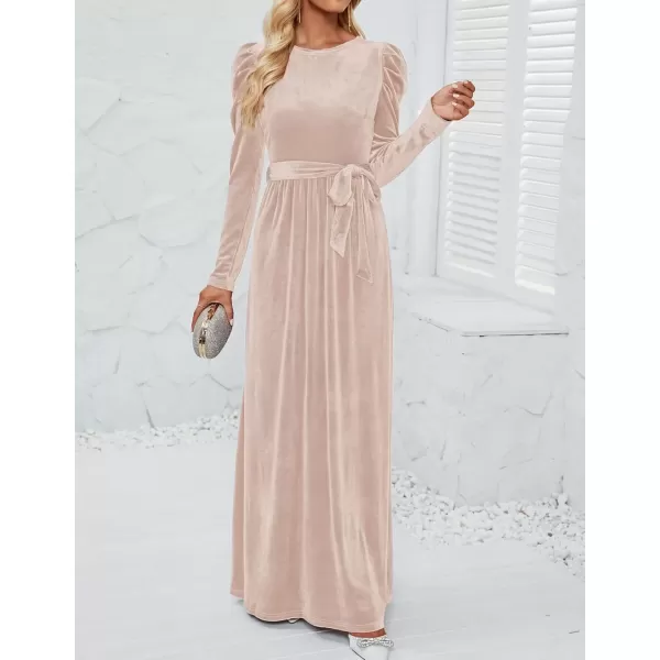 imageZESICA Womens Velvet Maxi Dress Long Puff Sleeve Crew Neck Elastic High Waist Cocktail Party Bridesmaid DressesChampagne