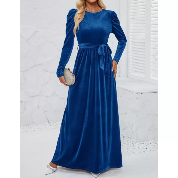 imageZESICA Womens Velvet Maxi Dress Long Puff Sleeve Crew Neck Elastic High Waist Cocktail Party Bridesmaid DressesCobalt