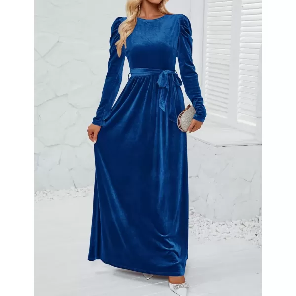 imageZESICA Womens Velvet Maxi Dress Long Puff Sleeve Crew Neck Elastic High Waist Cocktail Party Bridesmaid DressesCobalt
