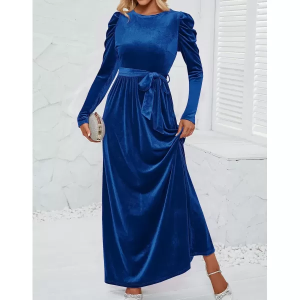imageZESICA Womens Velvet Maxi Dress Long Puff Sleeve Crew Neck Elastic High Waist Cocktail Party Bridesmaid DressesCobalt