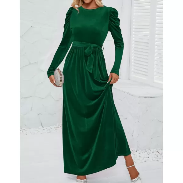 imageZESICA Womens Velvet Maxi Dress Long Puff Sleeve Crew Neck Elastic High Waist Cocktail Party Bridesmaid DressesDark Green
