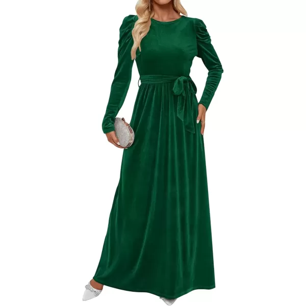 imageZESICA Womens Velvet Maxi Dress Long Puff Sleeve Crew Neck Elastic High Waist Cocktail Party Bridesmaid DressesDark Green