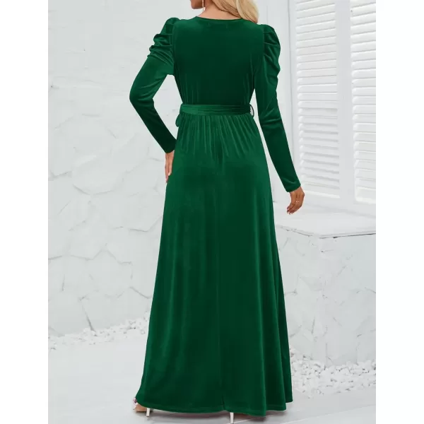 imageZESICA Womens Velvet Maxi Dress Long Puff Sleeve Crew Neck Elastic High Waist Cocktail Party Bridesmaid DressesDark Green