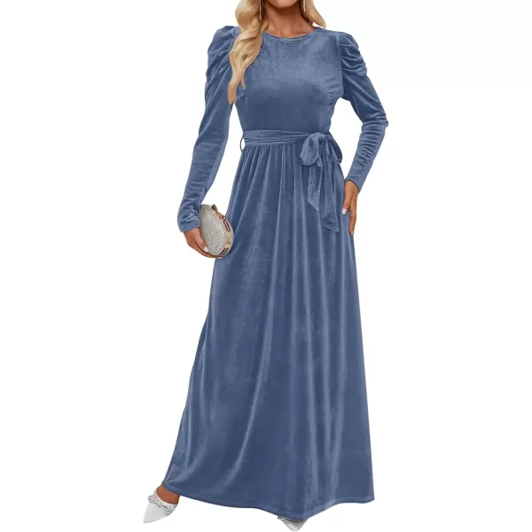 imageZESICA Womens Velvet Maxi Dress Long Puff Sleeve Crew Neck Elastic High Waist Cocktail Party Bridesmaid DressesDusty Blue