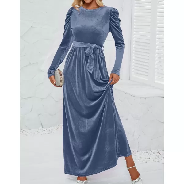 imageZESICA Womens Velvet Maxi Dress Long Puff Sleeve Crew Neck Elastic High Waist Cocktail Party Bridesmaid DressesDusty Blue