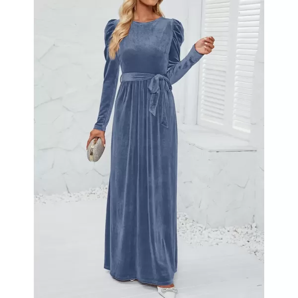 imageZESICA Womens Velvet Maxi Dress Long Puff Sleeve Crew Neck Elastic High Waist Cocktail Party Bridesmaid DressesDusty Blue