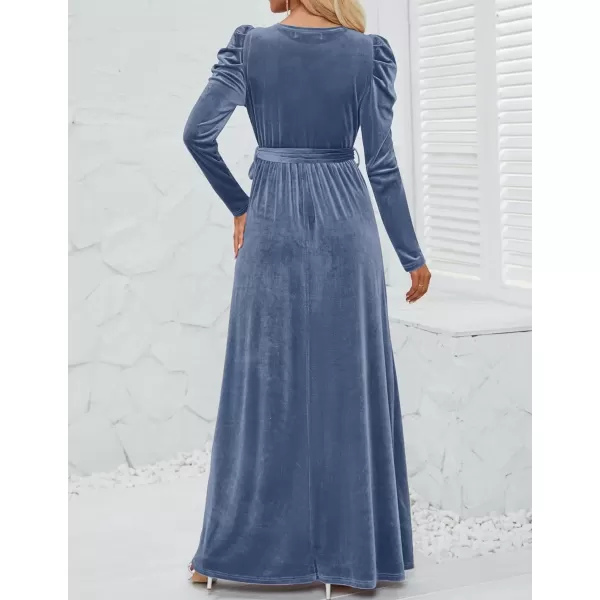 imageZESICA Womens Velvet Maxi Dress Long Puff Sleeve Crew Neck Elastic High Waist Cocktail Party Bridesmaid DressesDusty Blue