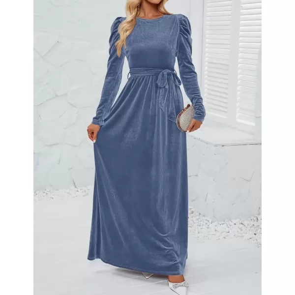 imageZESICA Womens Velvet Maxi Dress Long Puff Sleeve Crew Neck Elastic High Waist Cocktail Party Bridesmaid DressesDusty Blue