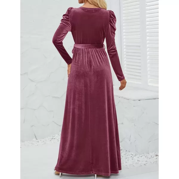 imageZESICA Womens Velvet Maxi Dress Long Puff Sleeve Crew Neck Elastic High Waist Cocktail Party Bridesmaid DressesMauve