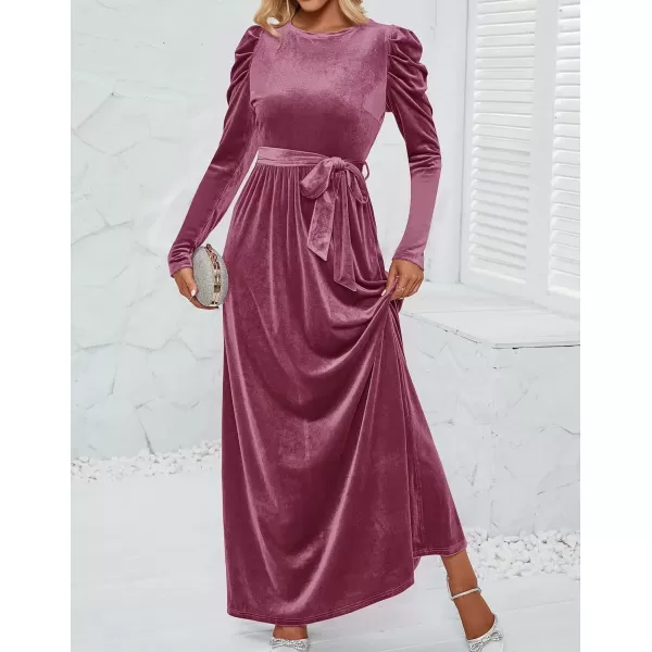 imageZESICA Womens Velvet Maxi Dress Long Puff Sleeve Crew Neck Elastic High Waist Cocktail Party Bridesmaid DressesMauve