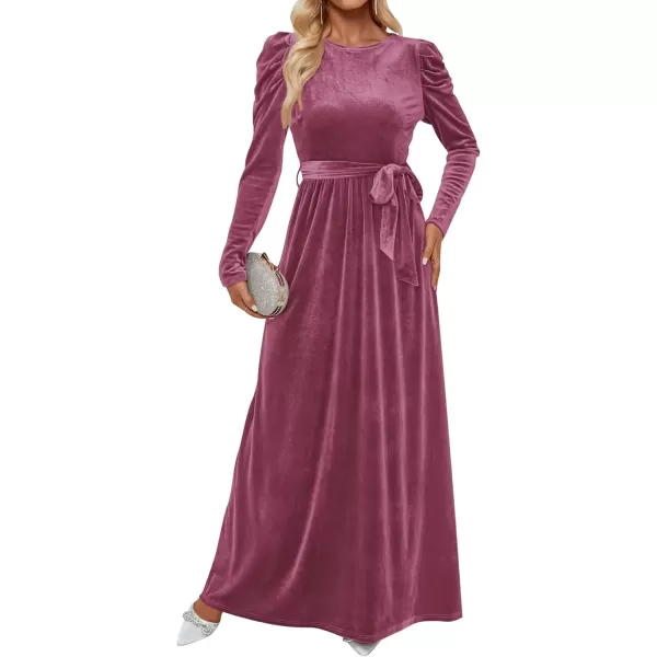 imageZESICA Womens Velvet Maxi Dress Long Puff Sleeve Crew Neck Elastic High Waist Cocktail Party Bridesmaid DressesMauve