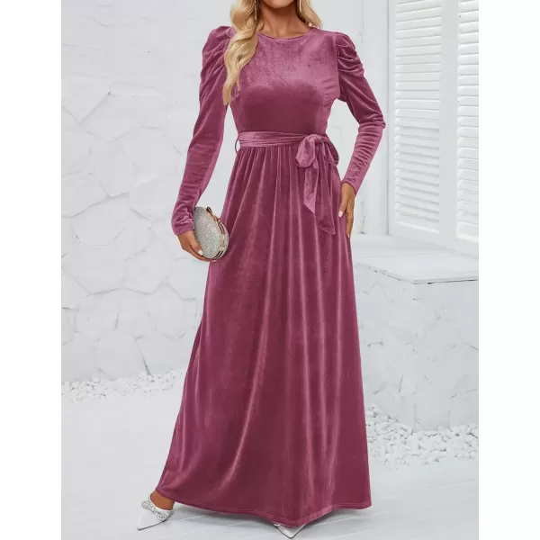 imageZESICA Womens Velvet Maxi Dress Long Puff Sleeve Crew Neck Elastic High Waist Cocktail Party Bridesmaid DressesMauve