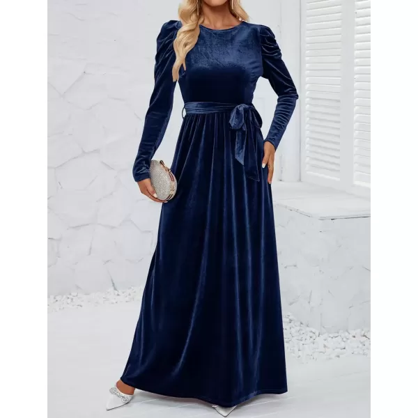 imageZESICA Womens Velvet Maxi Dress Long Puff Sleeve Crew Neck Elastic High Waist Cocktail Party Bridesmaid DressesNavy