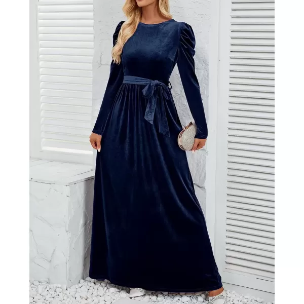 imageZESICA Womens Velvet Maxi Dress Long Puff Sleeve Crew Neck Elastic High Waist Cocktail Party Bridesmaid DressesNavy