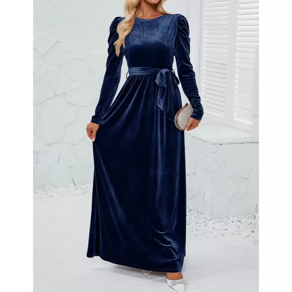imageZESICA Womens Velvet Maxi Dress Long Puff Sleeve Crew Neck Elastic High Waist Cocktail Party Bridesmaid DressesNavy