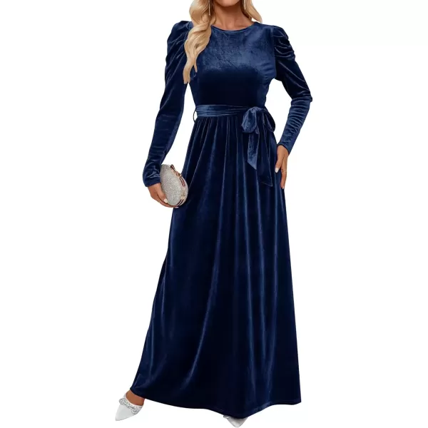 imageZESICA Womens Velvet Maxi Dress Long Puff Sleeve Crew Neck Elastic High Waist Cocktail Party Bridesmaid DressesNavy