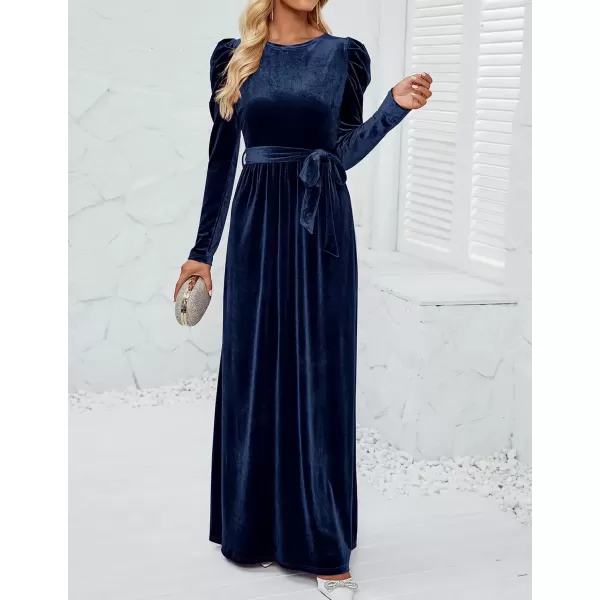 imageZESICA Womens Velvet Maxi Dress Long Puff Sleeve Crew Neck Elastic High Waist Cocktail Party Bridesmaid DressesNavy
