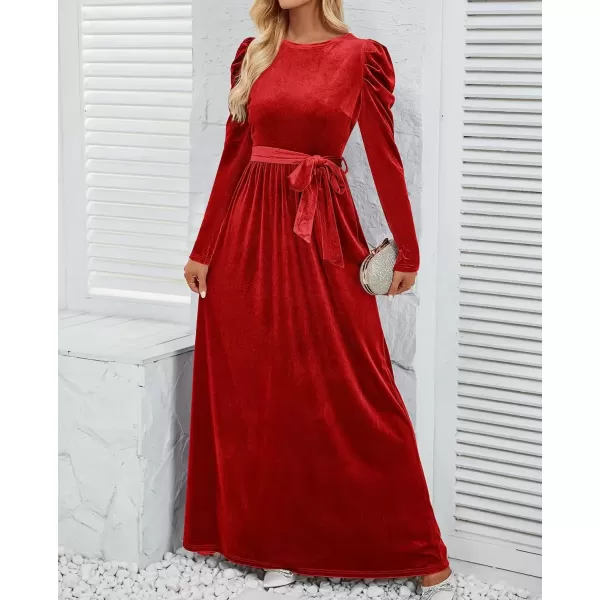 imageZESICA Womens Velvet Maxi Dress Long Puff Sleeve Crew Neck Elastic High Waist Cocktail Party Bridesmaid DressesPonceau