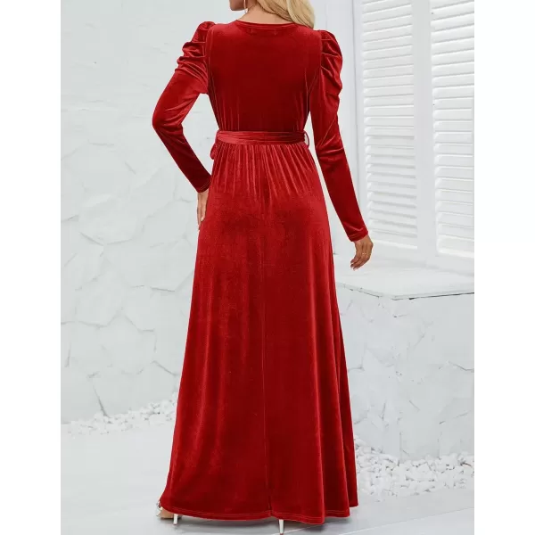 imageZESICA Womens Velvet Maxi Dress Long Puff Sleeve Crew Neck Elastic High Waist Cocktail Party Bridesmaid DressesPonceau