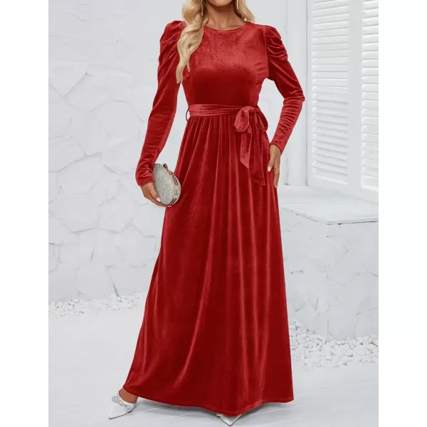 imageZESICA Womens Velvet Maxi Dress Long Puff Sleeve Crew Neck Elastic High Waist Cocktail Party Bridesmaid DressesPonceau