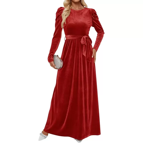 imageZESICA Womens Velvet Maxi Dress Long Puff Sleeve Crew Neck Elastic High Waist Cocktail Party Bridesmaid DressesPonceau