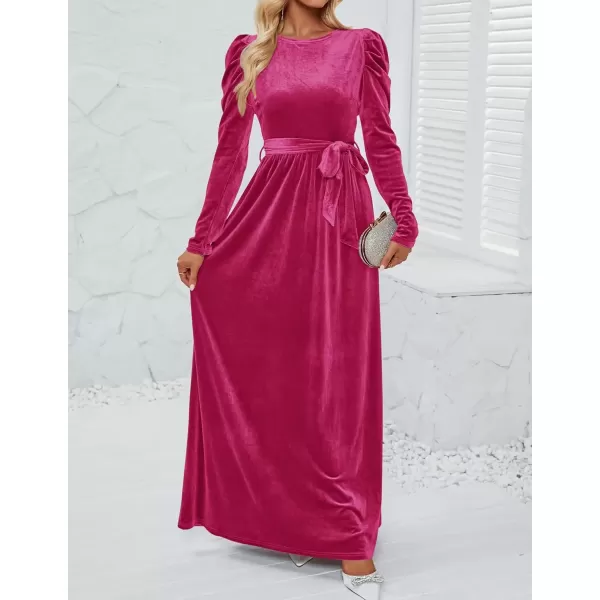 imageZESICA Womens Velvet Maxi Dress Long Puff Sleeve Crew Neck Elastic High Waist Cocktail Party Bridesmaid DressesRose