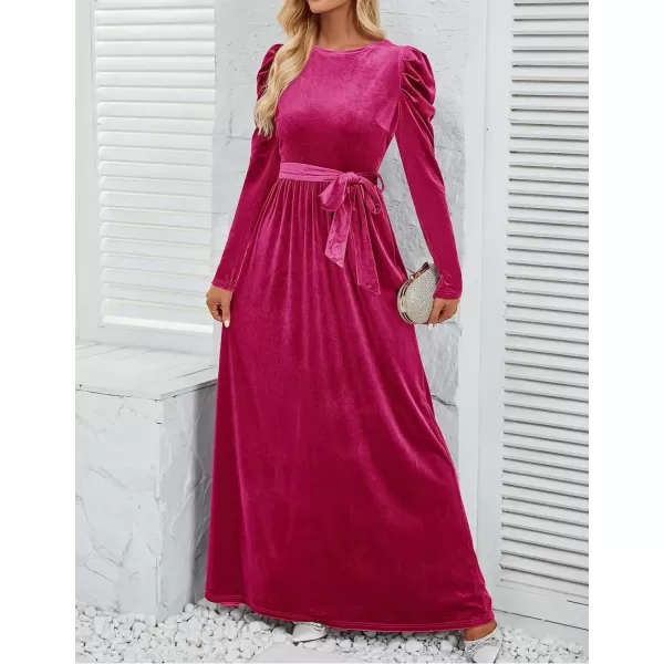 imageZESICA Womens Velvet Maxi Dress Long Puff Sleeve Crew Neck Elastic High Waist Cocktail Party Bridesmaid DressesRose