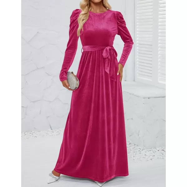 imageZESICA Womens Velvet Maxi Dress Long Puff Sleeve Crew Neck Elastic High Waist Cocktail Party Bridesmaid DressesRose