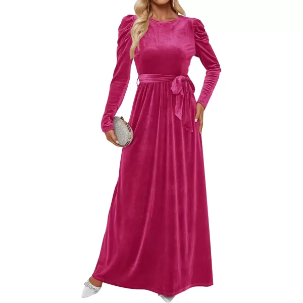 imageZESICA Womens Velvet Maxi Dress Long Puff Sleeve Crew Neck Elastic High Waist Cocktail Party Bridesmaid DressesRose