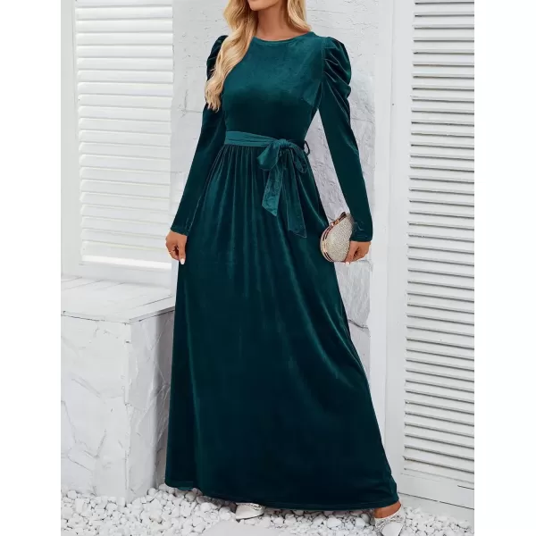 imageZESICA Womens Velvet Maxi Dress Long Puff Sleeve Crew Neck Elastic High Waist Cocktail Party Bridesmaid DressesTeal Green