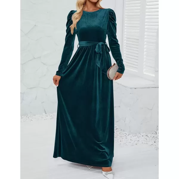 imageZESICA Womens Velvet Maxi Dress Long Puff Sleeve Crew Neck Elastic High Waist Cocktail Party Bridesmaid DressesTeal Green